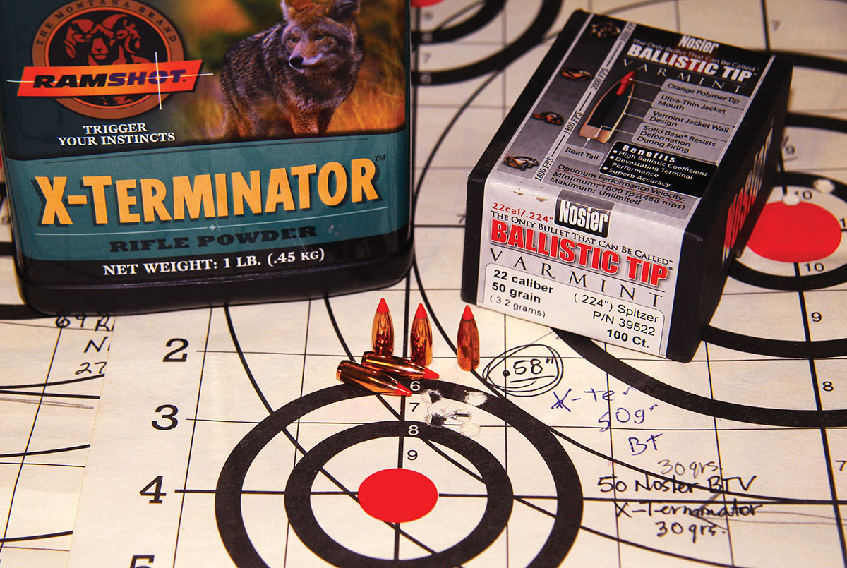 Allman’s best five-shot group with Nosler’s 50-grain Ballistic Tip Varmint bullets measured .58 inch center-to-center and was sent at 3,597 fps using 30 grains of Ramshot X-Terminator.